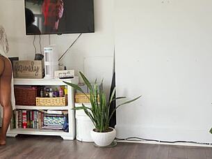 Young fit girl gets pussy stretched after workout, squirts while watching movie