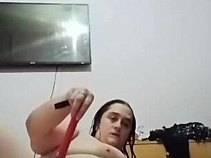 Lonely woman masturbates with wet toy to multiple orgasms.