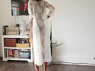 Young fit girl gets pussy stretched after workout, squirts while watching movie