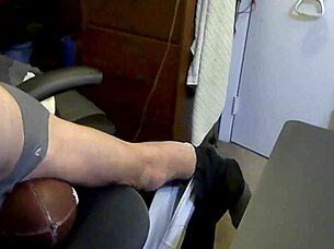 Skinny bodybuilder grinds on stool in briefs