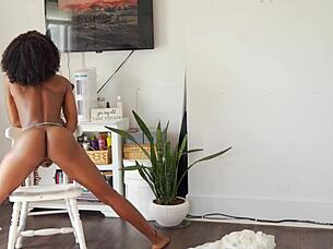 Young fit girl gets pussy stretched after workout, squirts while watching movie