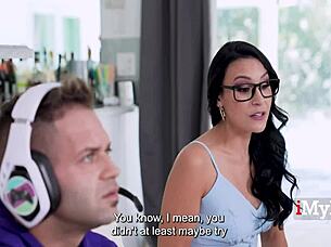 Seductive milf in lingerie facesitting nerd during game