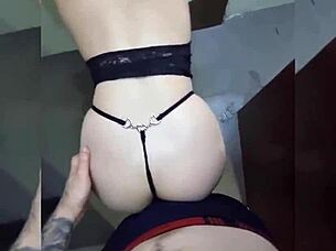 girlfriend in lingerie gives first time blowjob in bathroom, ending with facial