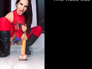 Latina amateur in spider woman costume rides big black cock intensely, cumming hard in interracial scene