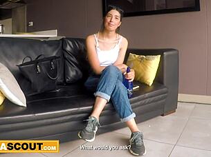 Seductive Latina Model Teases with Deepthroat Before Riding Big White Cock in Casting