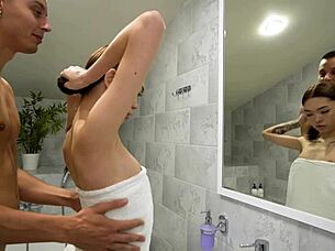 Skinny Asian Girl with Small Tits Gets Face Fucked and Cunilingus Before Hard Sex and Cum in Mouth