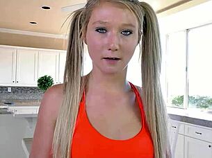 Petite pigtails step-sister seduces for hard fuck. She lets him cum twice after catching her.