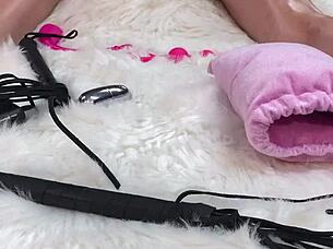 Feisty peach gets a sperm load on her face while sucking all the jism.