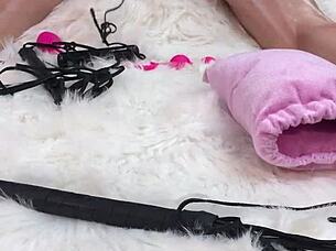 Feisty peach gets a sperm load on her face while sucking all the jism.