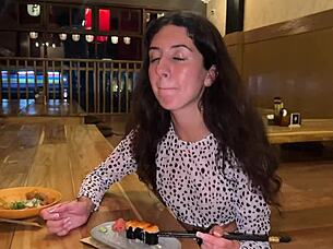 I came on the beautiful brunette's face in the public sushi bar, and she ate sushi rolls with my cum on her face, performing a cumwalk.