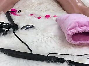 Feisty peach gets a sperm load on her face while sucking all the jism.