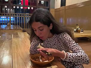 I came on the beautiful brunette's face in the public sushi bar, and she ate sushi rolls with my cum on her face, performing a cumwalk.