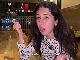 I came on the beautiful brunette's face in the public sushi bar, and she ate sushi rolls with my cum on her face, performing a cumwalk.