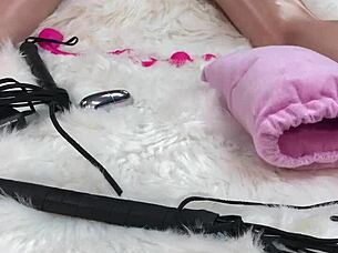 Feisty peach gets a sperm load on her face while sucking all the jism.