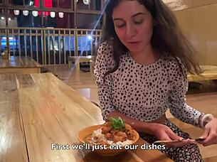 I came on the beautiful brunette's face in the public sushi bar, and she ate sushi rolls with my cum on her face, performing a cumwalk.