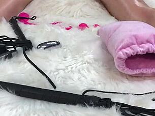 Feisty peach gets a sperm load on her face while sucking all the jism.