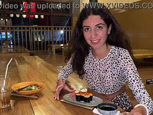 I came on the beautiful brunette's face in the public sushi bar, and she ate sushi rolls with my cum on her face, performing a cumwalk.
