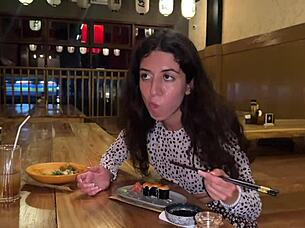 I came on the beautiful brunette's face in the public sushi bar, and she ate sushi rolls with my cum on her face, performing a cumwalk.