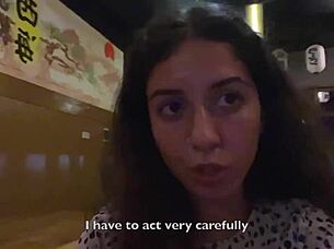 I came on the beautiful brunette's face in the public sushi bar, and she ate sushi rolls with my cum on her face, performing a cumwalk.