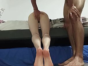 Husband boldly uses latina wife as pleasure object, filling her with creampie.