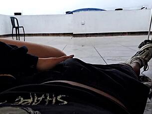 my stepsister sucked my cock on the terrace in lingerie