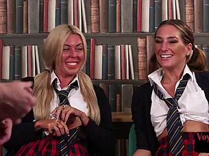 College sluts in pigtails and nylon shoes watch old perv masturbate in CFNM seduction scene