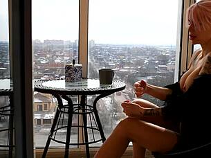 Blonde Tattooed Girl's Outdoor Cunnilingus and Deepthroat Cum Breakfast in City View