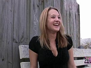 Brunette amateur flashes big tits in outdoor lingerie