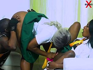 Schoolgirls dive into muff and threesome sex with monster cock