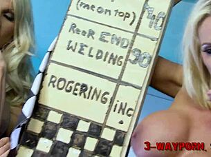 Blonde watches brunette and tattooed guy fuck in garage