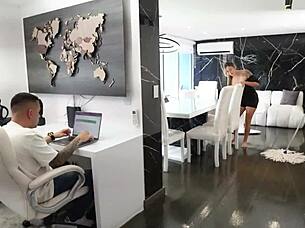 Horny brunette employee gets a quickie with her boss.