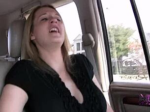 Brunette amateur flashes big tits in outdoor lingerie