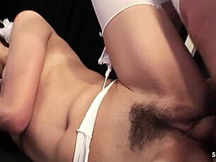 Skinny Flexible Asian Ballerina Seduces Two Men in Lingerie for Wet Threesome Cumshot