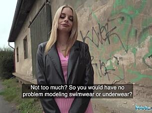 Genuine model prospect kneels for monster cock in public reality scene