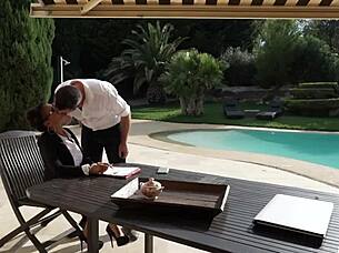 a blonde teen rides in lingerie and stockings.