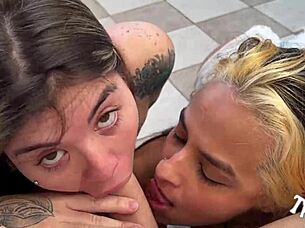 Curvy nymphs with natural tits beg for cum on their pretty feet from monster cocks.