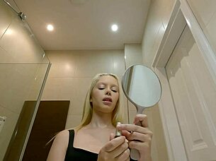 hot brazilian petite blonde prepares in bathroom for lingerie casting