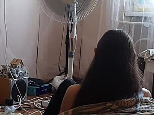 stepsister's by the fan, i'm stroking my big clit secretly 😈