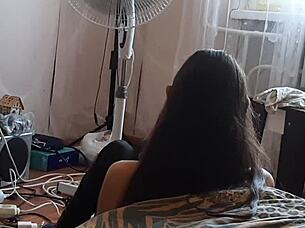 stepsister's by the fan, i'm stroking my big clit secretly 😈