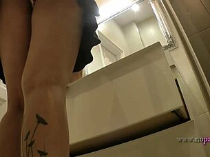 hot brazilian petite blonde prepares in bathroom for lingerie casting