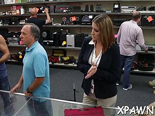 Stunning beauty gets roughly banged in a shop during hardcore sex game