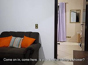 the cuckold went to take a shower and his wife cheated on him with his brother on the couch