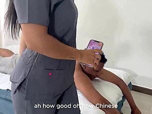 Slutty masseuse Camila Henao rides and tastes big black cock.