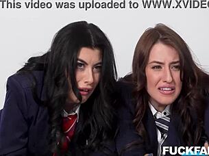 Rival stepsisters Gal and Aubree suck and fuck Elias for family peace.