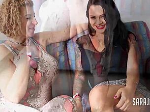 Bouncing lesbian cereza rides sara jay's huge strap-on suggestively