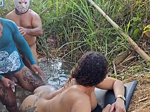 well-endowed guys fuck girl in forest dp