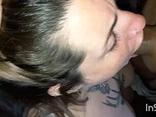 Fat Blonde Latina Slut Deepthroats Cock in Throat, Gets Facial Cum on Face and Eyes with Thong and Tattoo