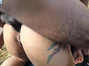 well-endowed guys fuck girl in forest dp