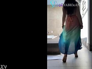 Sensual mature Brazilian in miniskirt teases with fat ass in homemade cosplay dress. Watch her nylon skirt action!