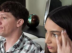 Wow, the stepbrother just pulled out his big cock for his stepsister to suck on the sofa.